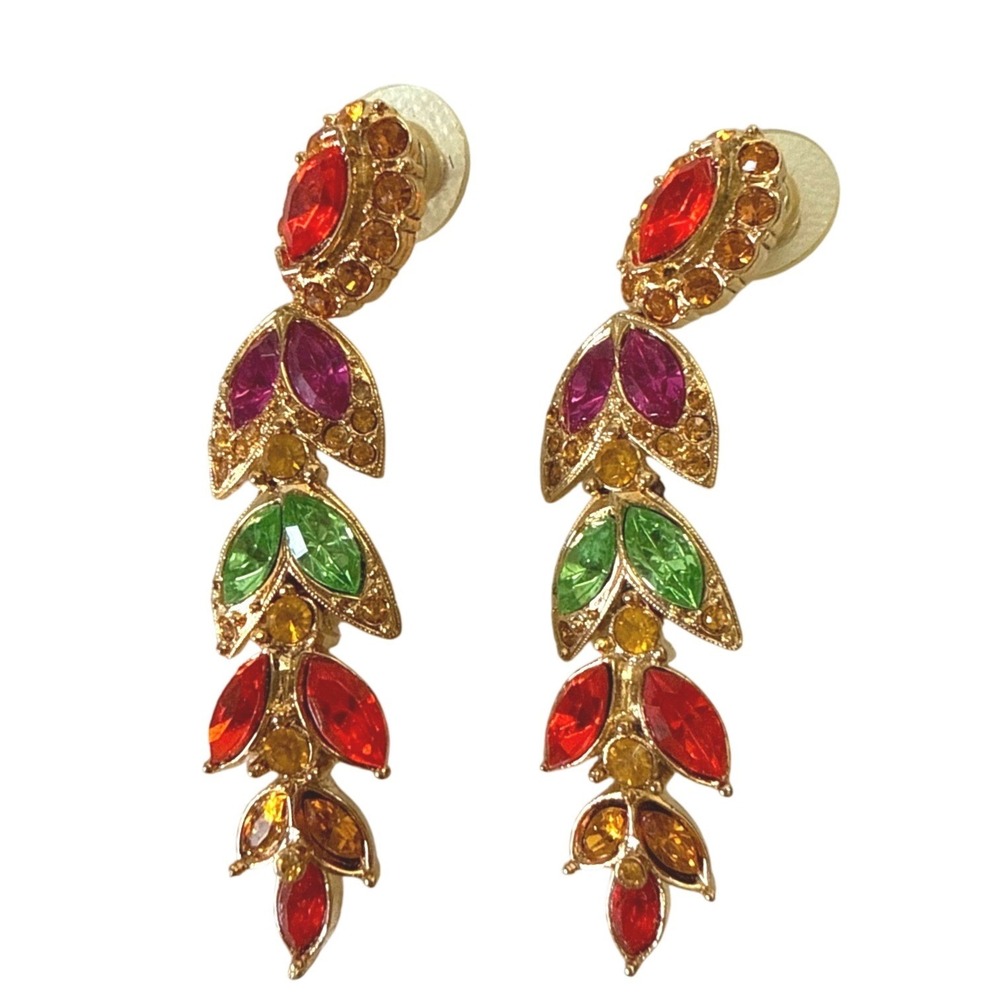 Multi Color Rhinestone Leaf Drop Earrings Gold Tone Statement Dangle Rainbow